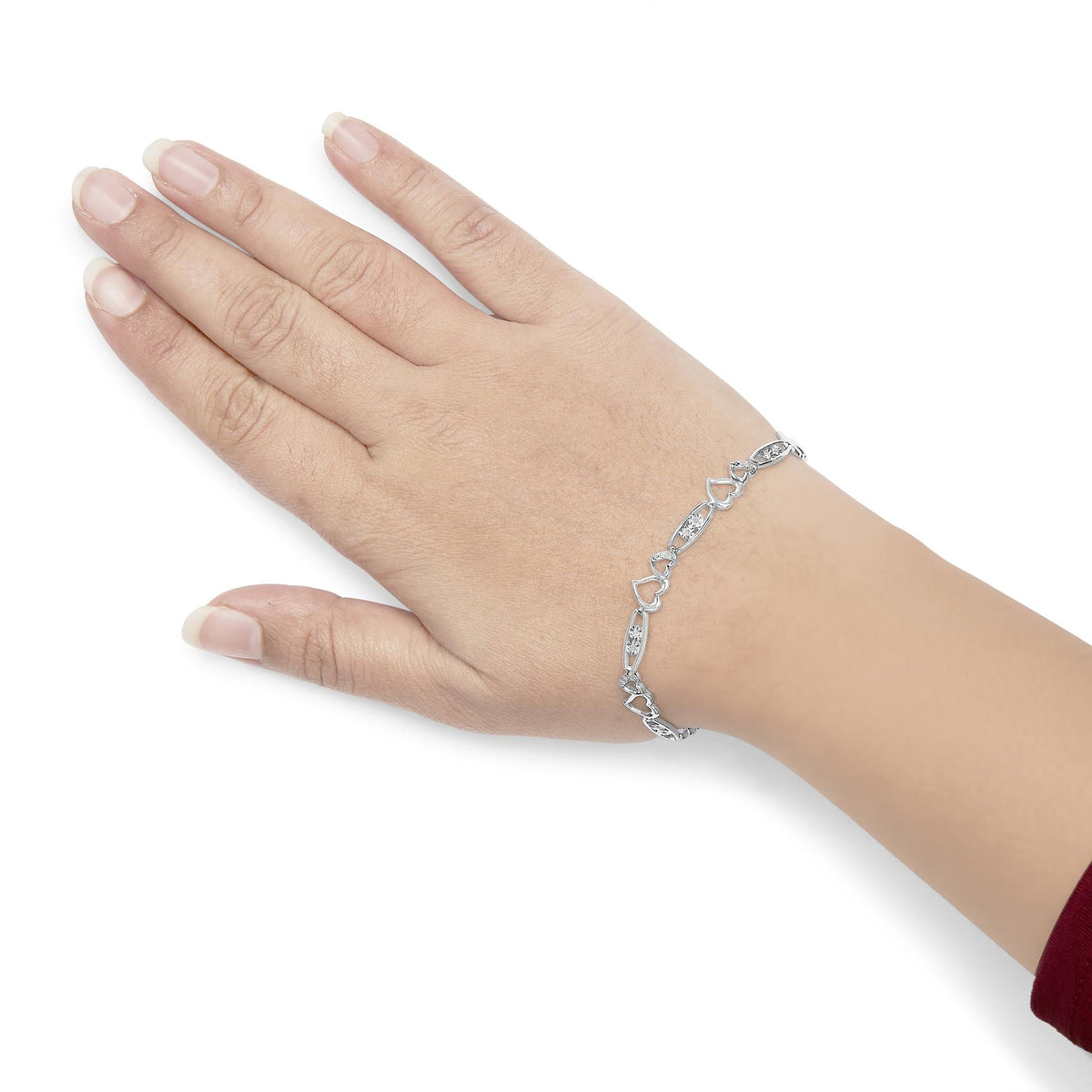 925 Sterling Silver 1/5 Cttw Diamond Double Heart Link Bracelet (I-J Color, I3 Clarity) - 7.25 Inches