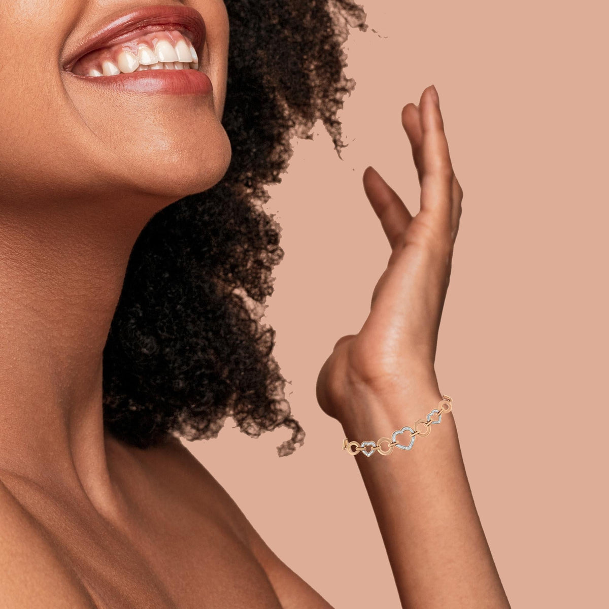 10K Rose Gold over .925 Sterling Silver 1/10 Cttw Round-Cut Diamond Heart Link Adjustable Bolo Bracelet (H-I Color, I2-I3 Clarity) - 6in-9in Adjustable