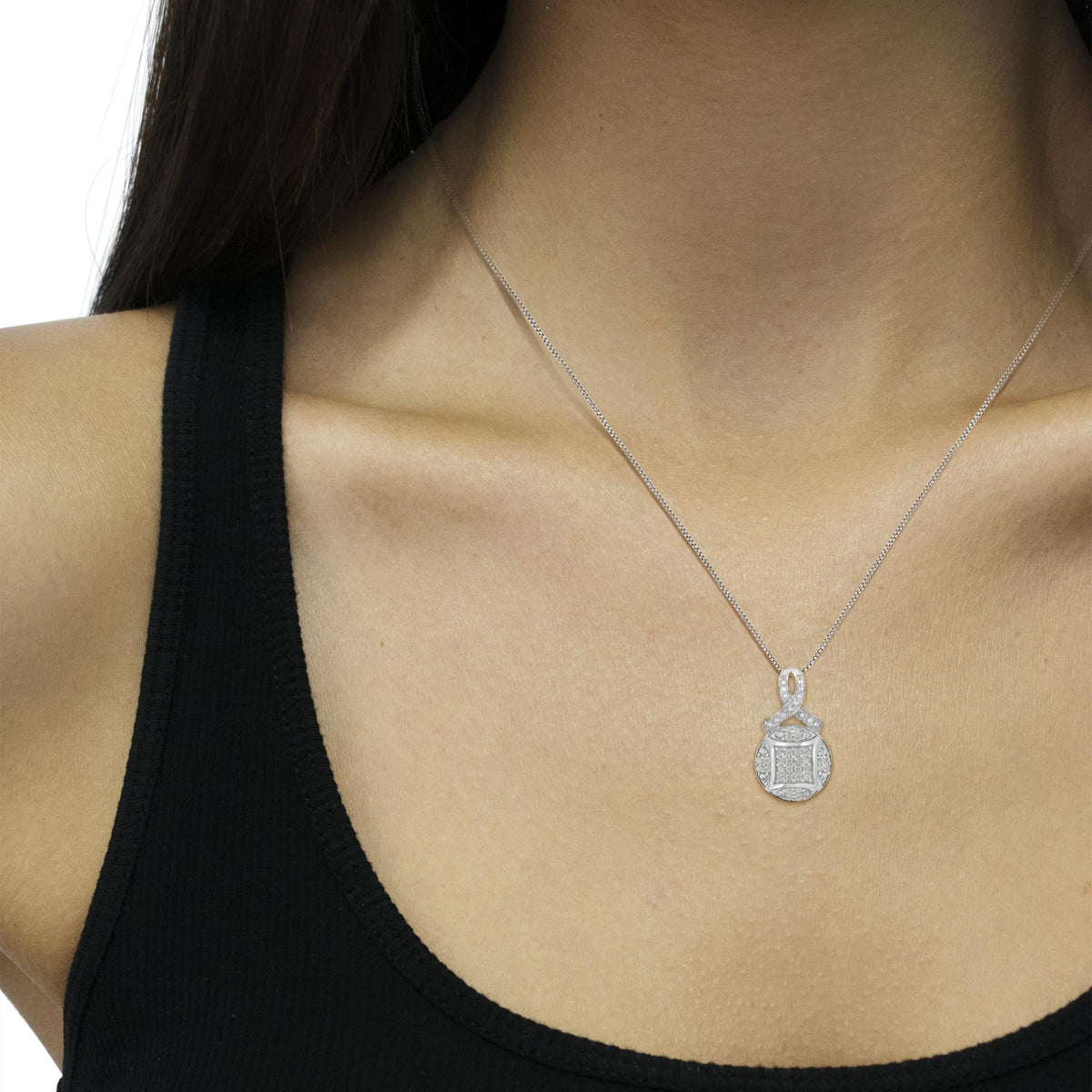 .925 Sterling Silver 1/3 cttw Diamond Ribbon and Circle Cluster 18in Pendant Necklace (I-J Color, I3 Clarity)