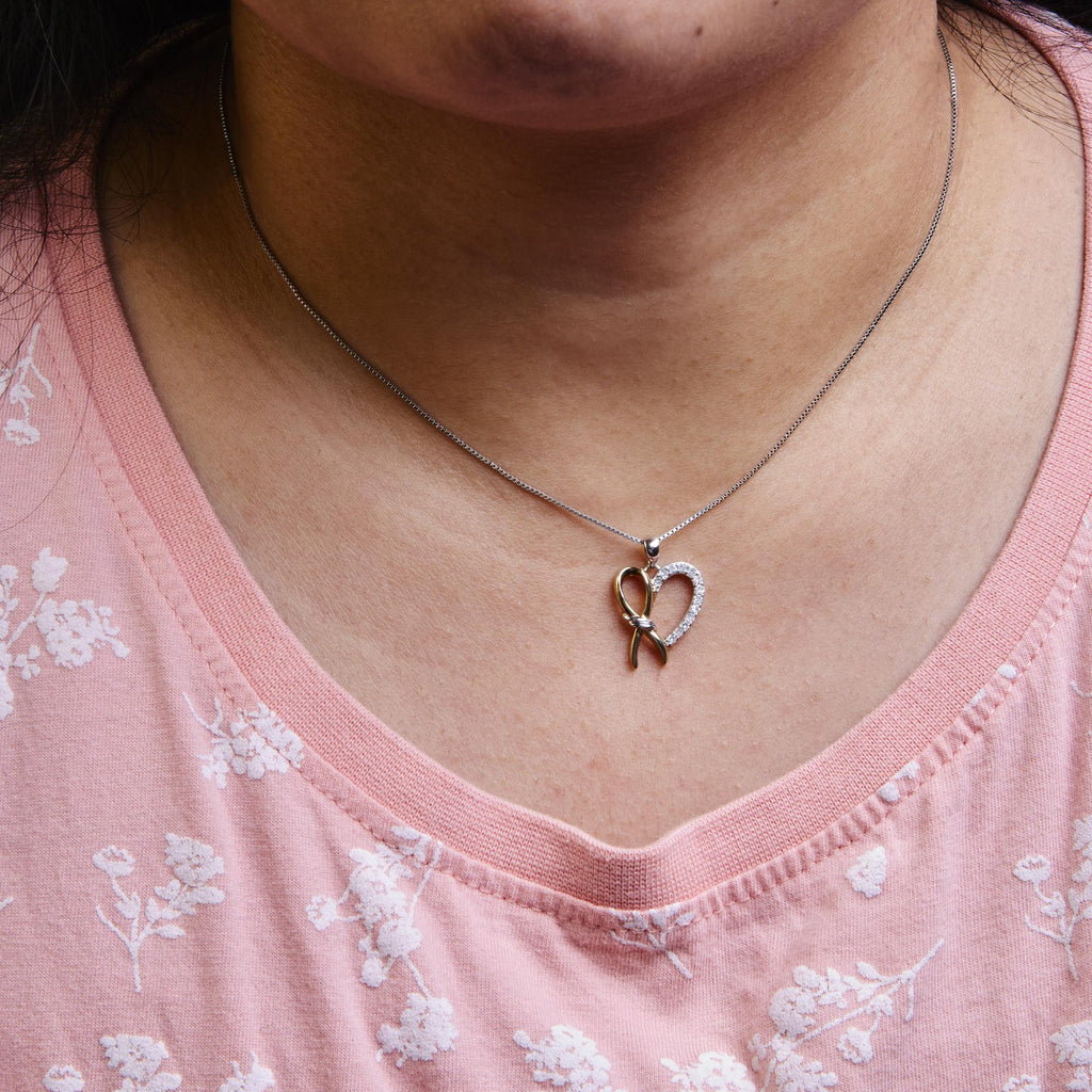 10K Yellow Gold Plated .925 Sterling Silver 1/5 Cttw Diamond Ribbon Heart Pendant Necklace (H-I Color, I2-I3 Clarity) - 18in
