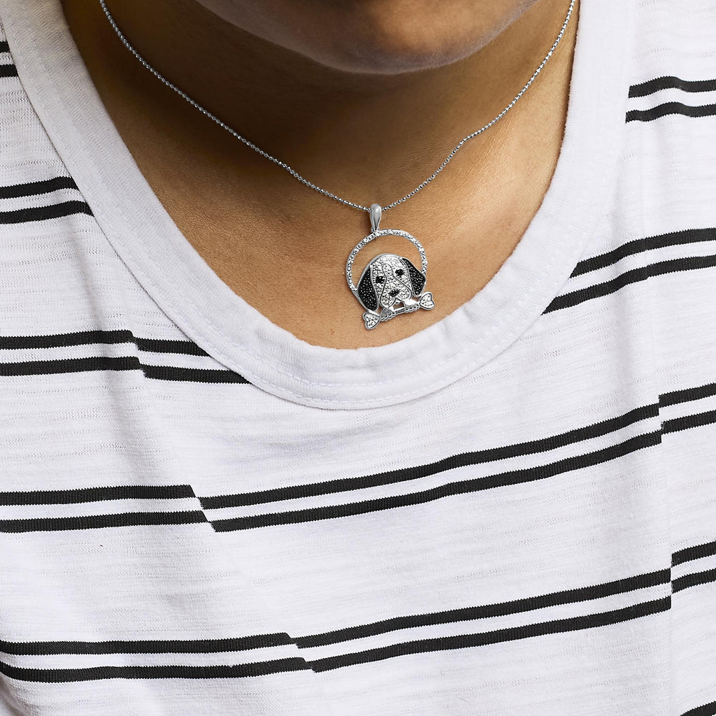 .925 Sterling Silver 1/4 Cttw White and Black Diamond Beagle Dog and Bone Pendant Necklace (I-J Color, I2-I3 Clarity) - 18in