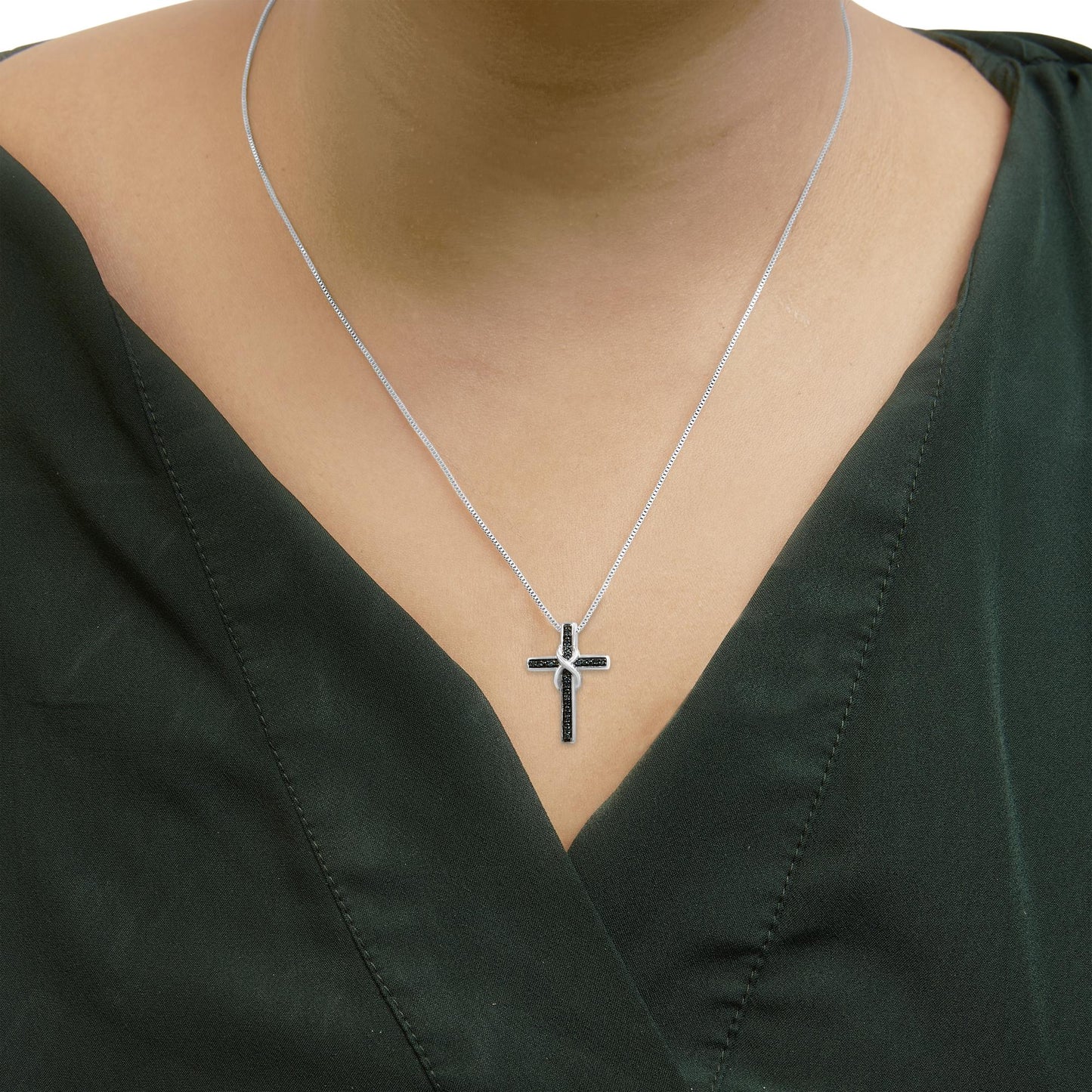 .925 Sterling Silver 1/10 Cttw Blue Diamond Inlaid Cross with Ribbon Pendant Necklace (Blue Color, I2-I3 Clarity) - 18in