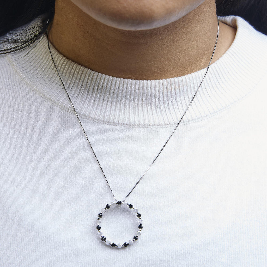 .925 Sterling Silver 1 3/4 Cttw Alternating Black and White Diamond Open Circle Hoop Pendant Necklace (H-I Color, I2-I3 Clarity) - 18 Inches