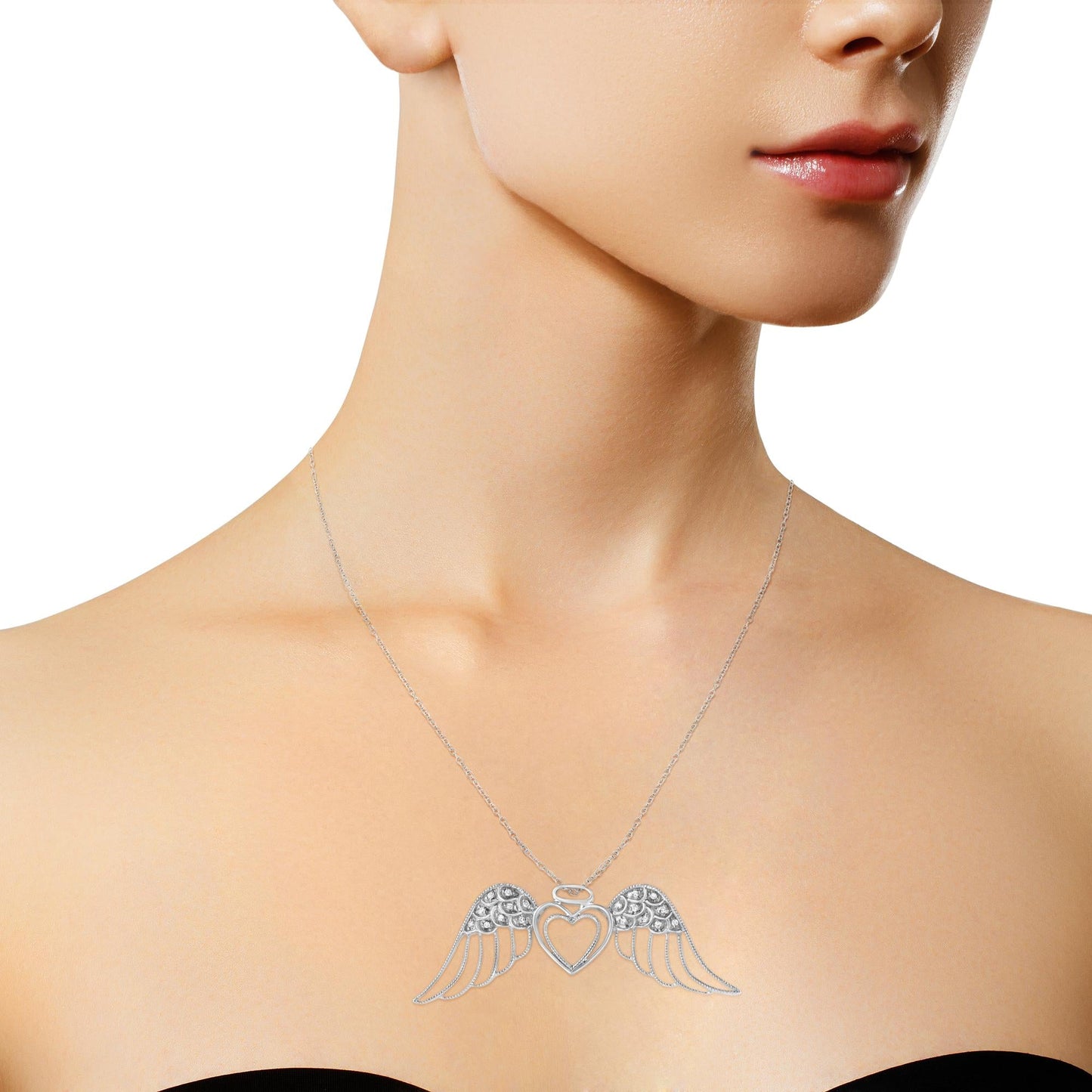 .925 Sterling Silver Pave-Set Diamond Accent Angel Wing 18in Double Heart Pendant Necklace (I-J Color, I1-I2 Clarity)