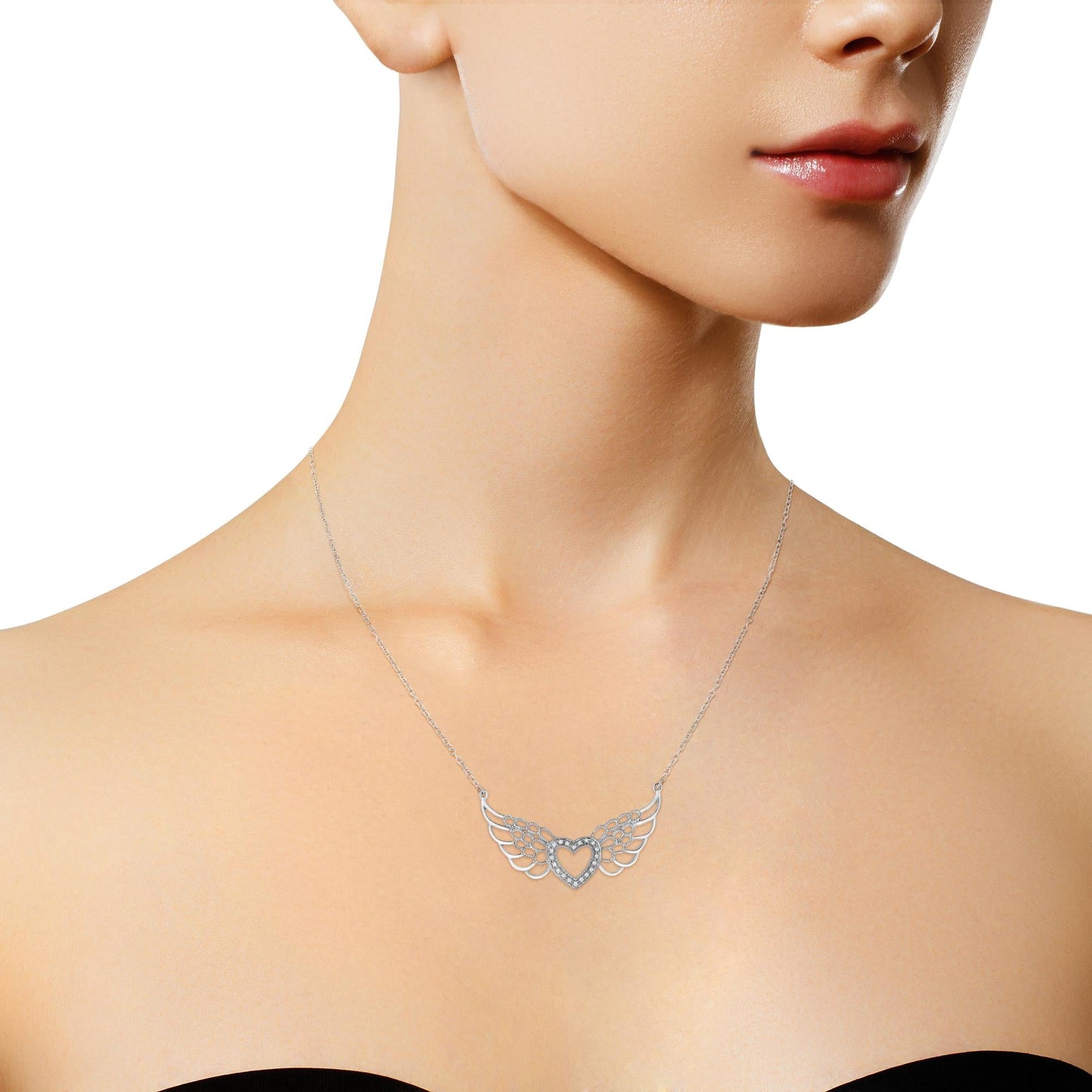 .925 Sterling Silver Pave-Set Diamond Accent Fairy Wing 18in Heart Pendant Necklace (I-J Color, I1-I2 Clarity)