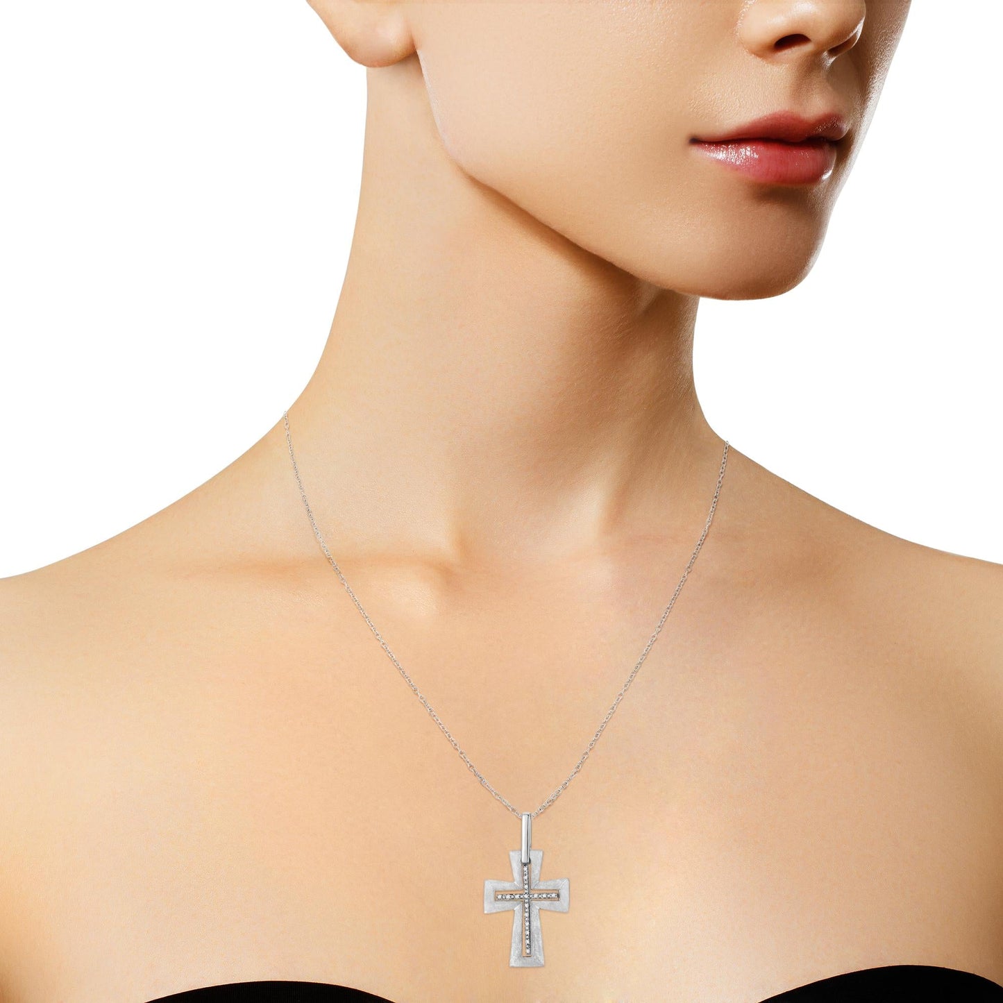 .925 Sterling Silver Prong-Set Diamond Accent Cross 18in Pendant Necklace (I-J Color, I1-I2 Clarity)
