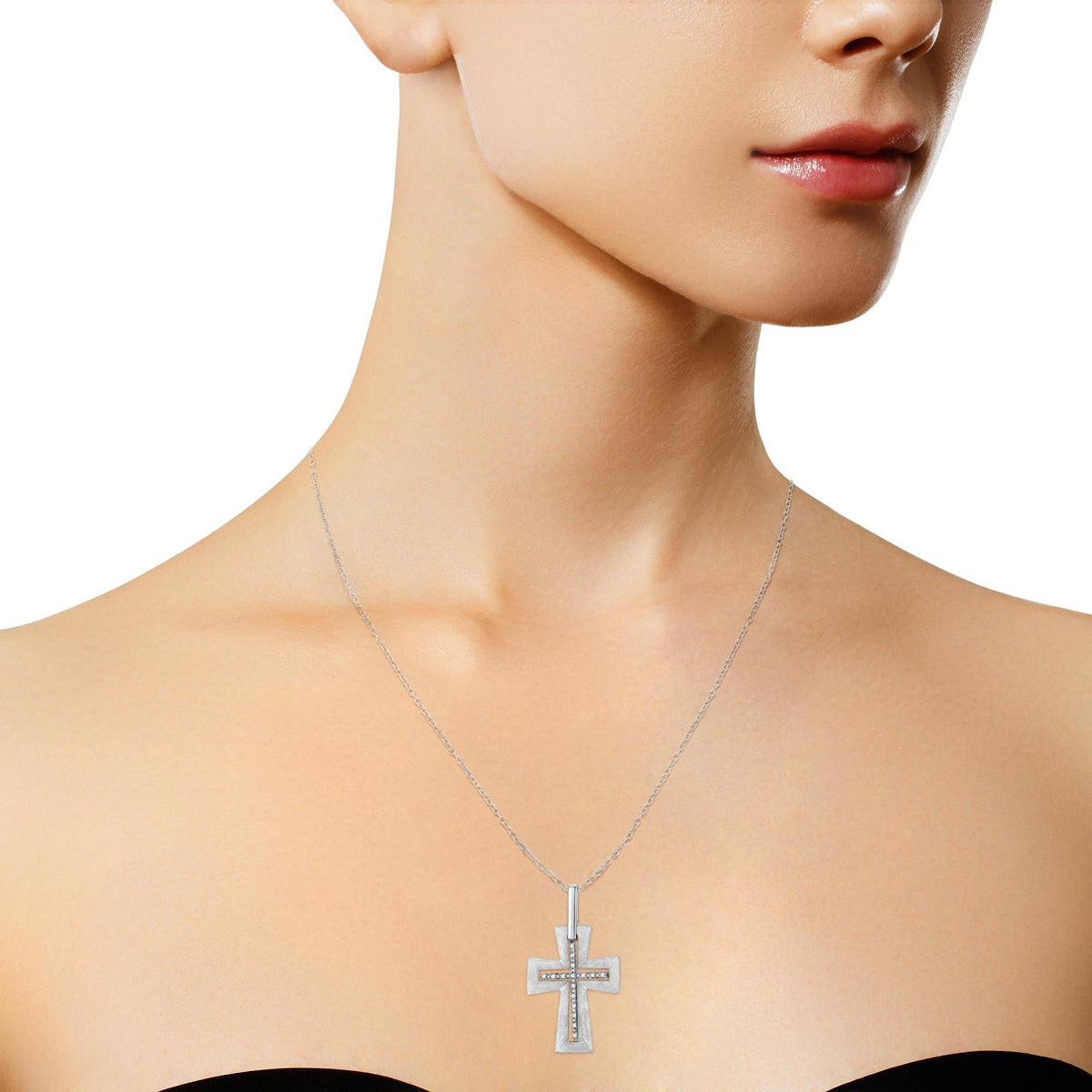 .925 Sterling Silver Prong-Set Diamond Accent Cross 18in Pendant Necklace (I-J Color, I1-I2 Clarity)