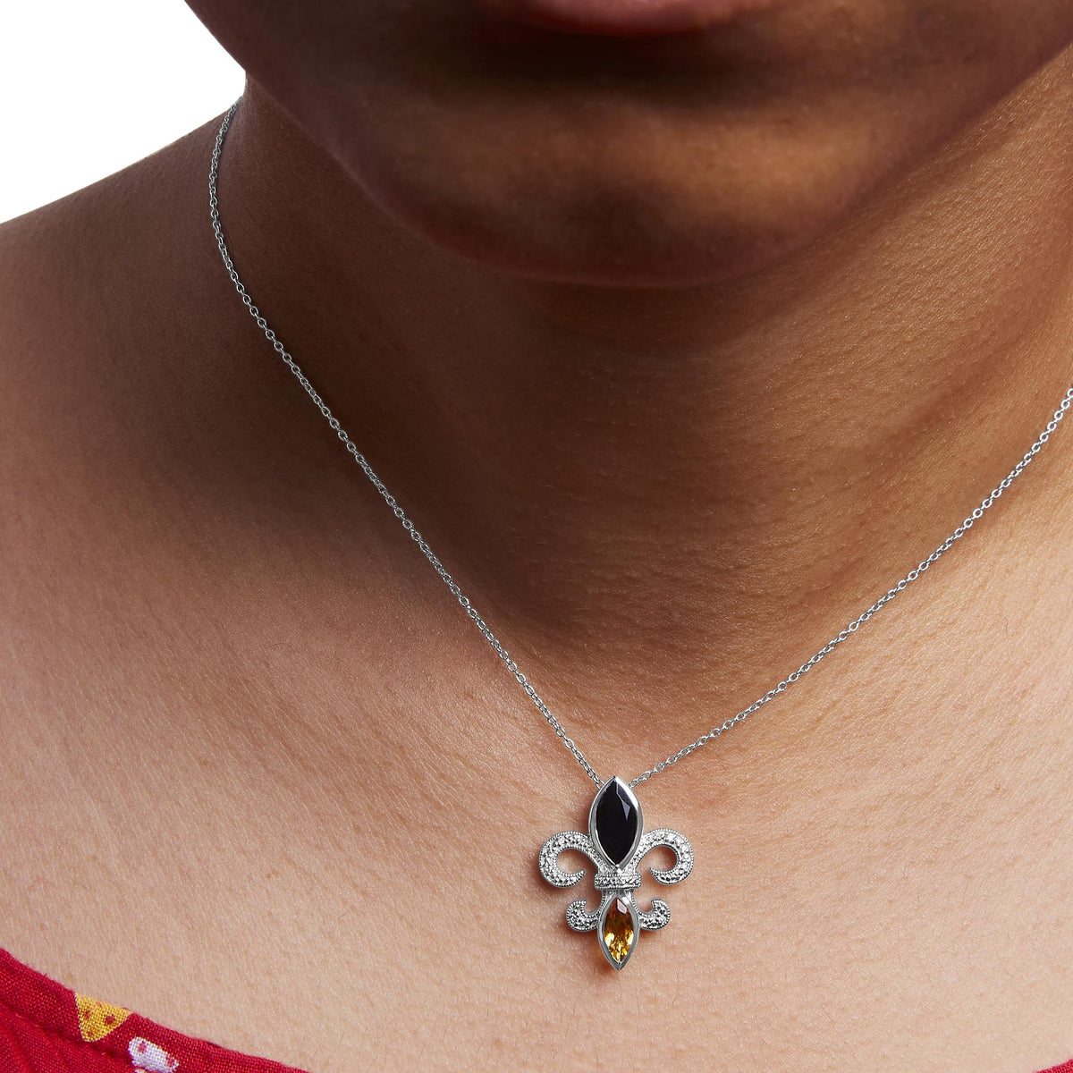 .925 Sterling Silver Marquise Onyx and Citrine and Diamond Accent Fleur De Lis Pendant Necklace (H-I Color, SI1-SI2 Clarity) - 18in