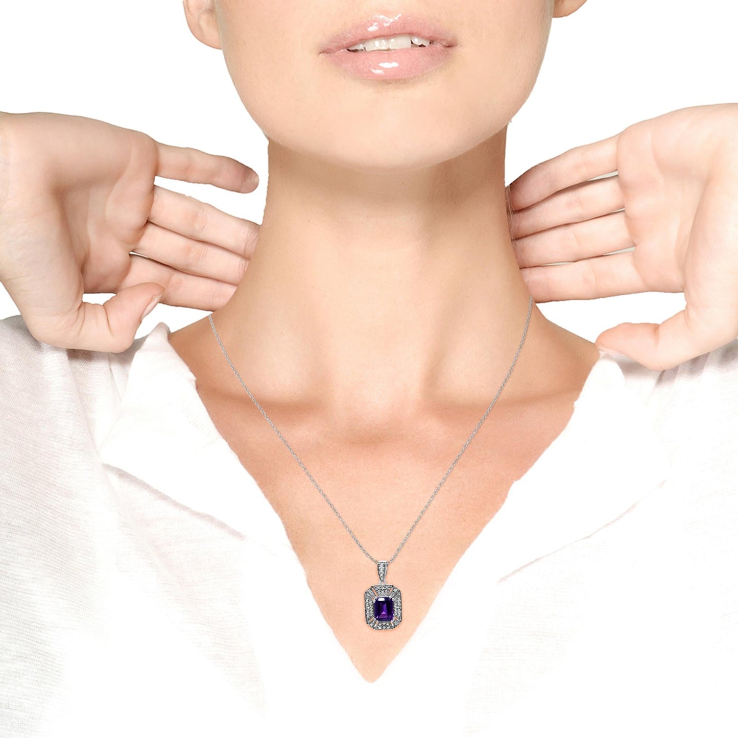 .925 Sterling Silver Purple Amethyst and Diamond Accent Art Deco Style 18in Pendant Necklace (I-J Color, I1-I2 Clarity)