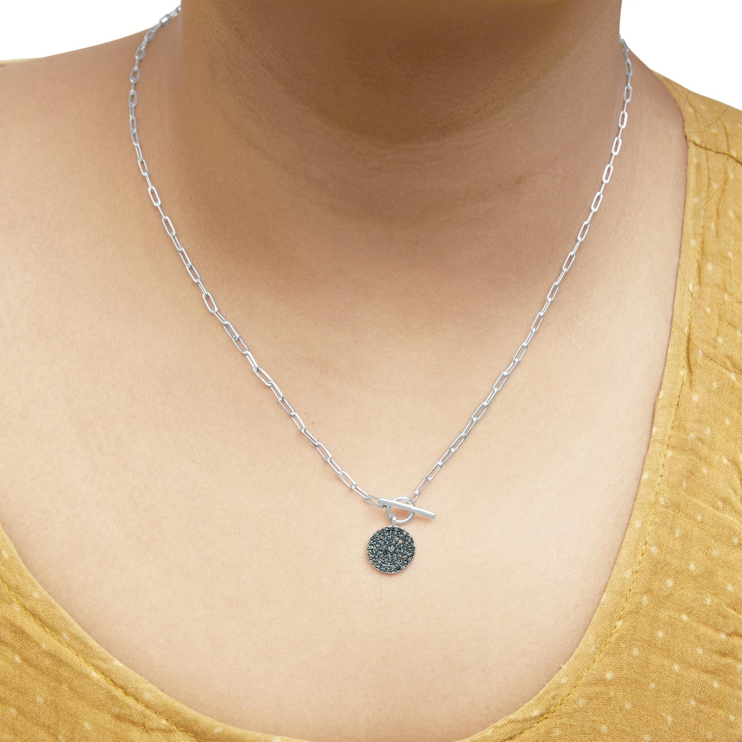 .925 Sterling Silver 3/8 Cttw Blue Diamond Medallion with Toggle Bale Paperclip Chain Pendant Necklace (Blue Color, SI1-SI2 Clarity) - 18in