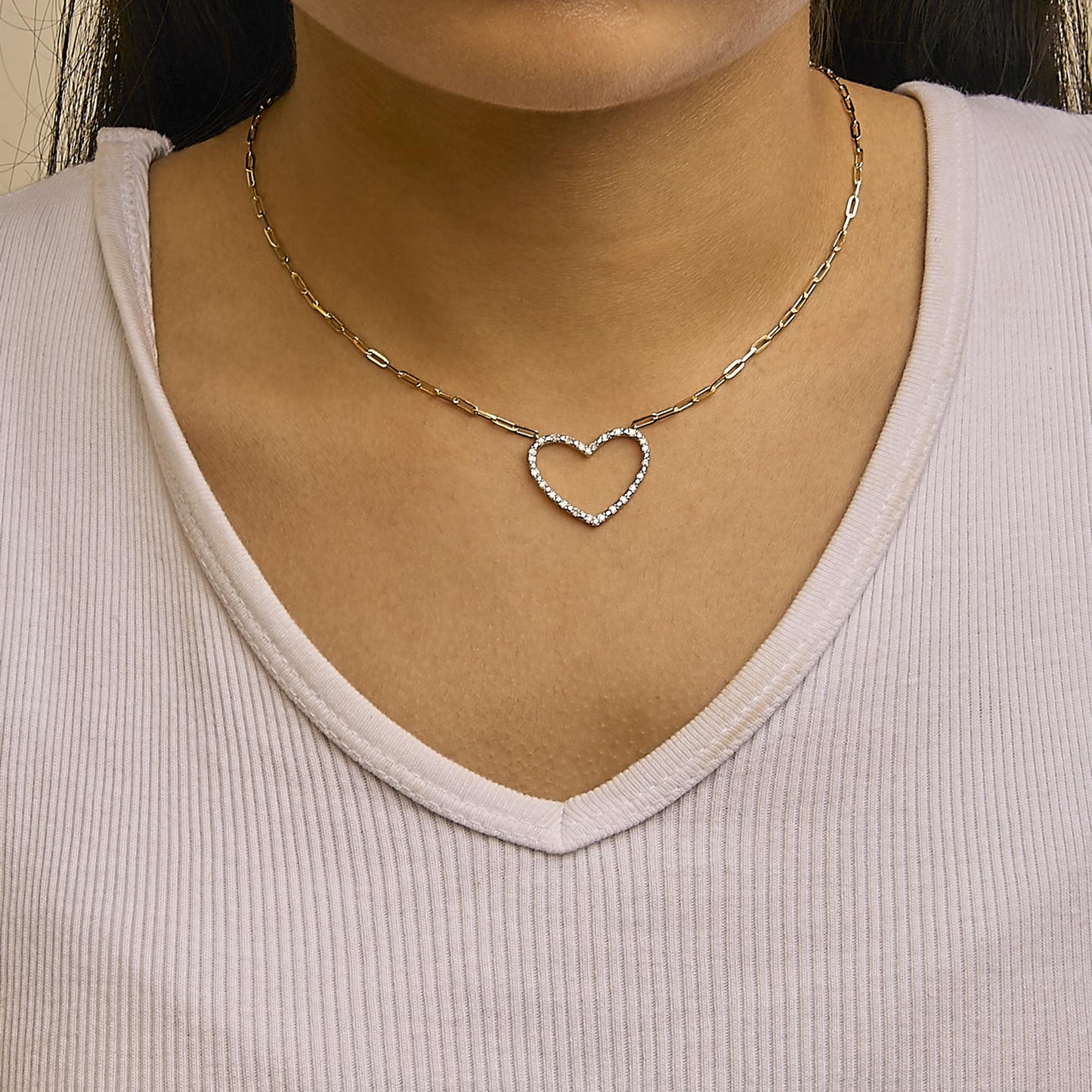 14K Yellow Gold Plated .925 Sterling Silver 1/4 Cttw Diamond Open Heart with Paperclip Chain Pendant Necklace (I-J Color, I2-I3 Clarity) - 18 inches