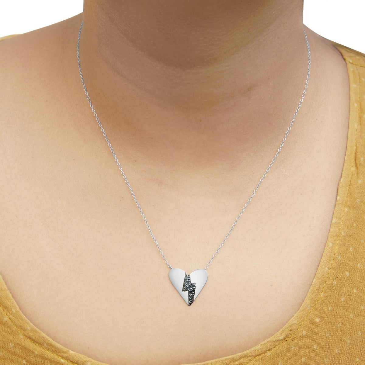 .925 Sterling Silver Blue Diamond Broken Heart Pendant Necklace (H-I Color, I1-I2 Clarity) - 18in