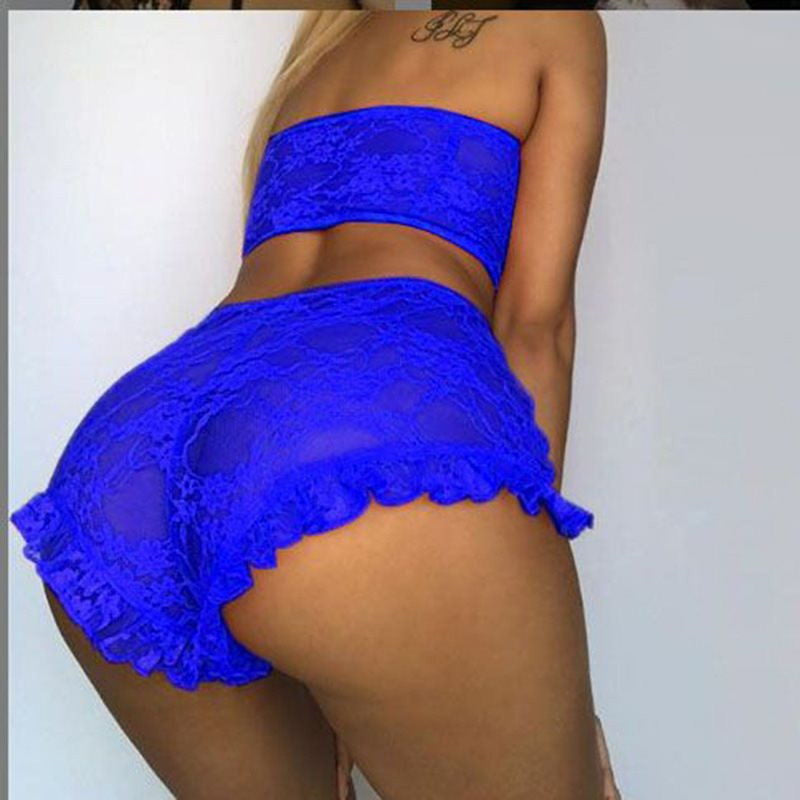 Blue lace lingerie set on a plain background