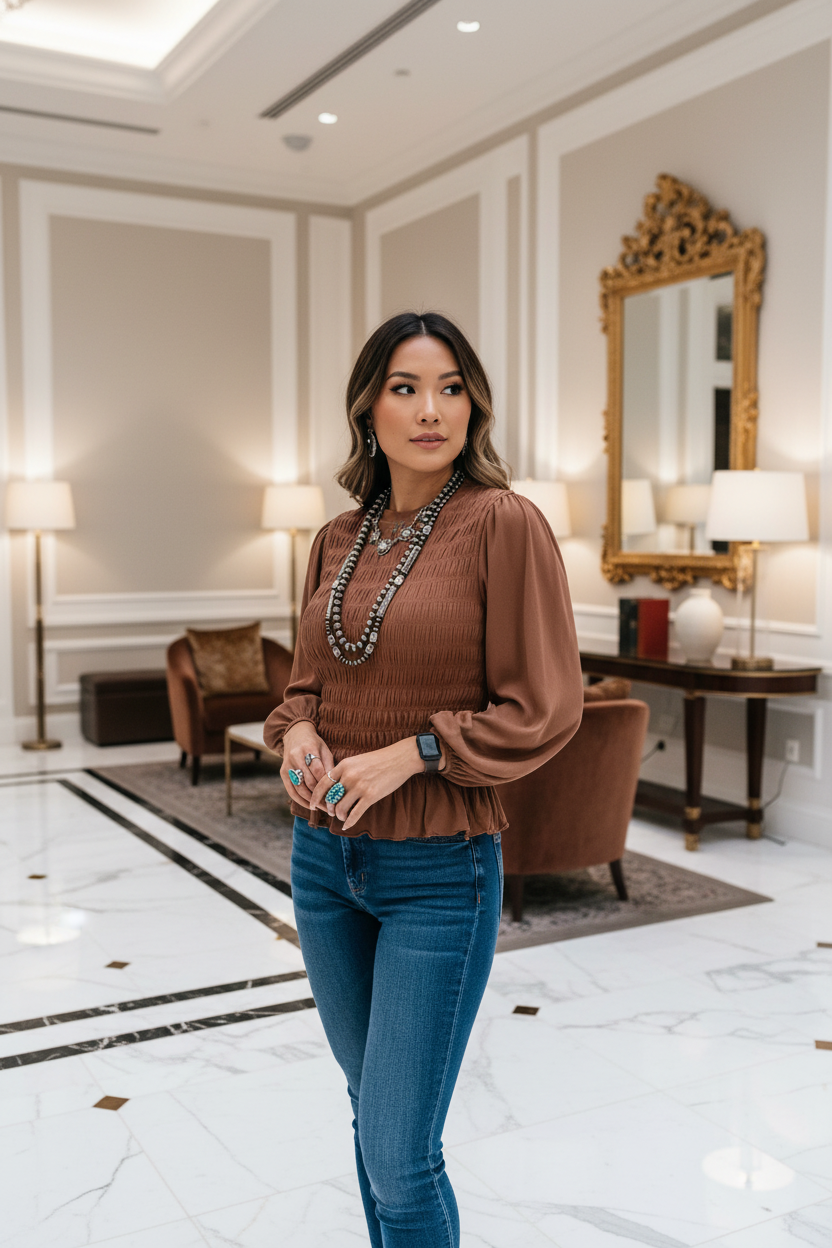 A woman stands in a luxurious hotel lobby wearing a Chic coffee brown Smocked Ruffle Hem Boho Blouse and blue jeans, accessorized with a chunky silver beaded necklace.