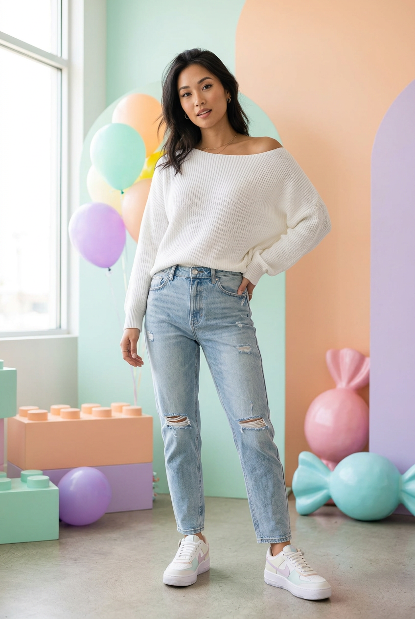 A model wearing awhite Asymmetric Neck Drop Shoulder Baggy Sweater, light-wash distressed jeans, and white sneakers.