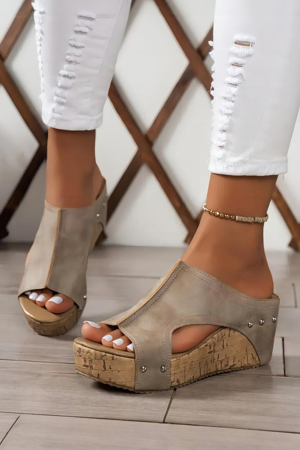 Beige open-toe wedge sandals front side view