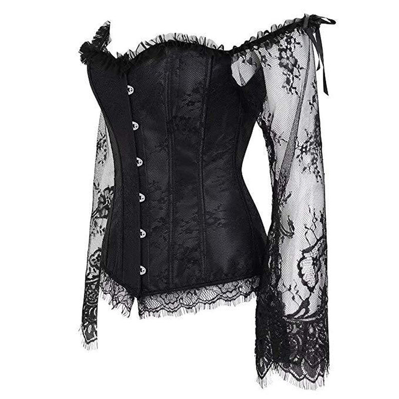 Black corset with lace details on a white background