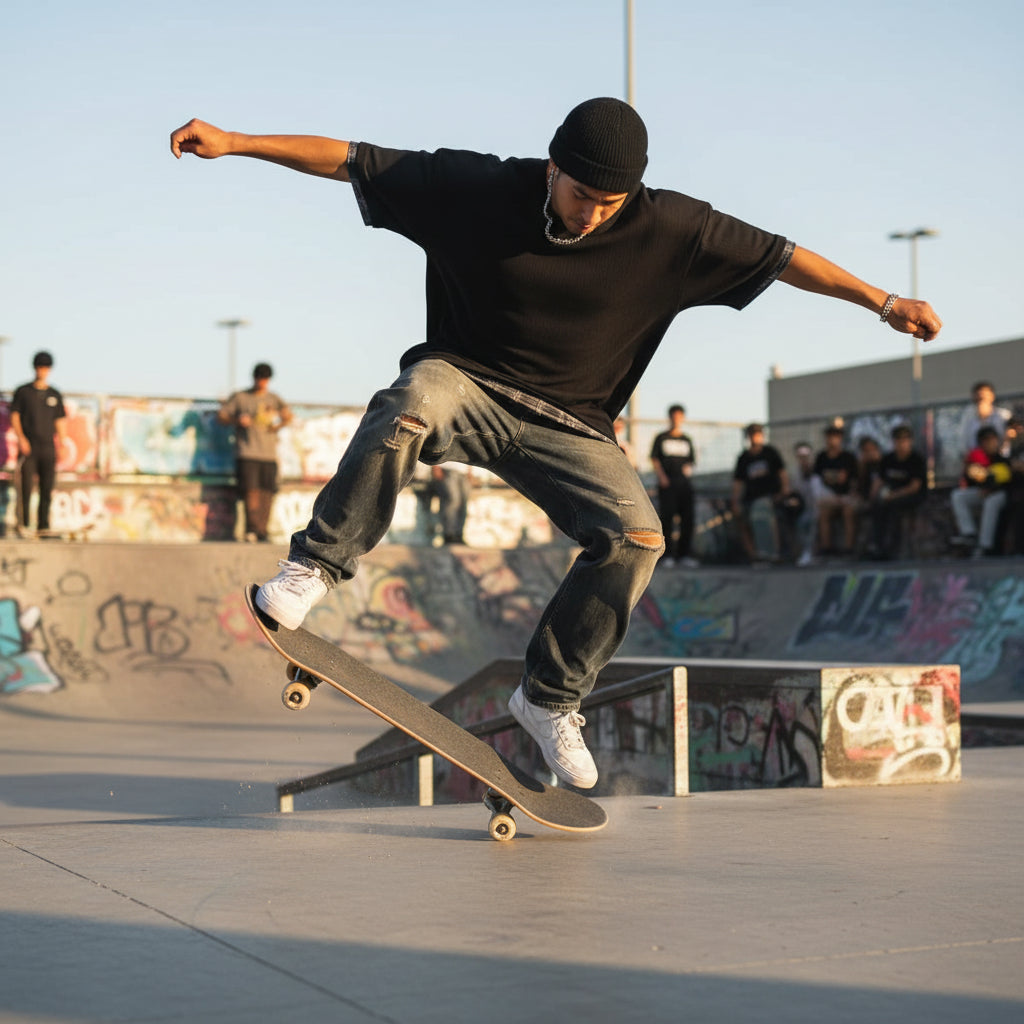 Male model wearing a Men's Short Sleeve Plaid Trim black T-Shirt on a skateboard 