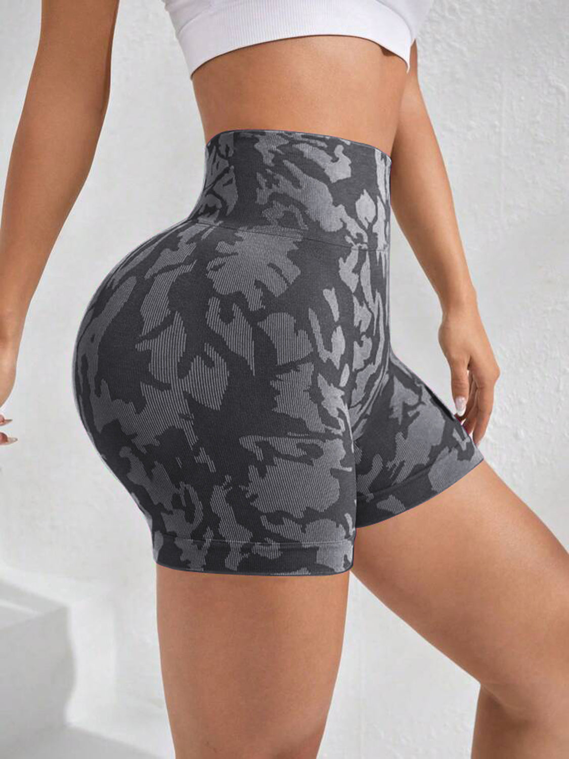 Ladies Black Slightly Stretch Abstract Printed High Waist Shorts - Side view