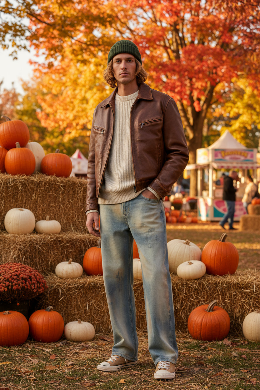 Male model wearing a pair of Men's Washed Straight Leg Jeans at a fall festival 