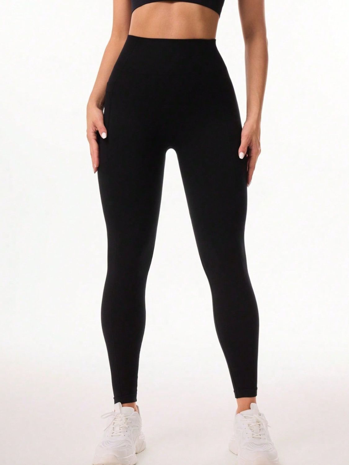 Women's Black Moderate Stretch Pocketed High Waist Leggings - Front view