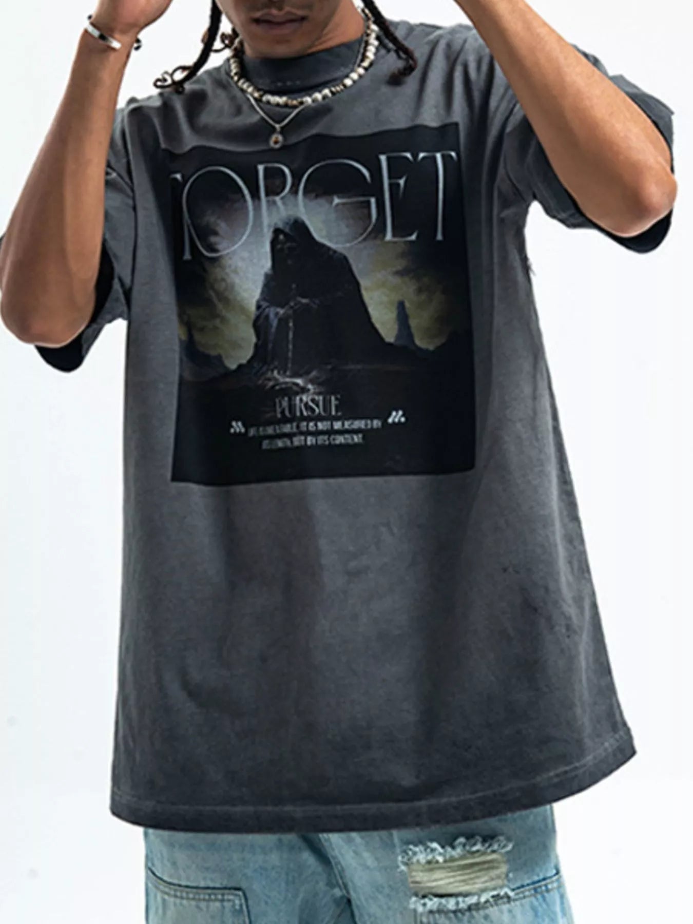 Model wearing a Fierceguy Vintage Wash "Forget" Graphic Oversized Grey T-Shirt