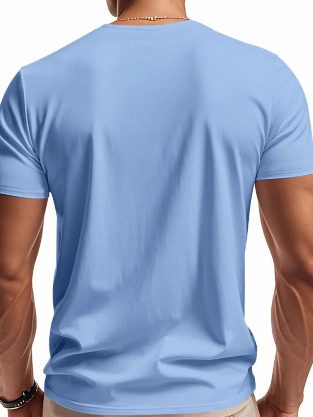 Model wearing a Light Blue Men's Modern V-Neck Fitted Short Sleeve T-Shirt back view