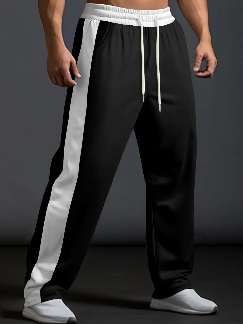 Men's Black Drawstring Contrast Wide Leg Joggers 