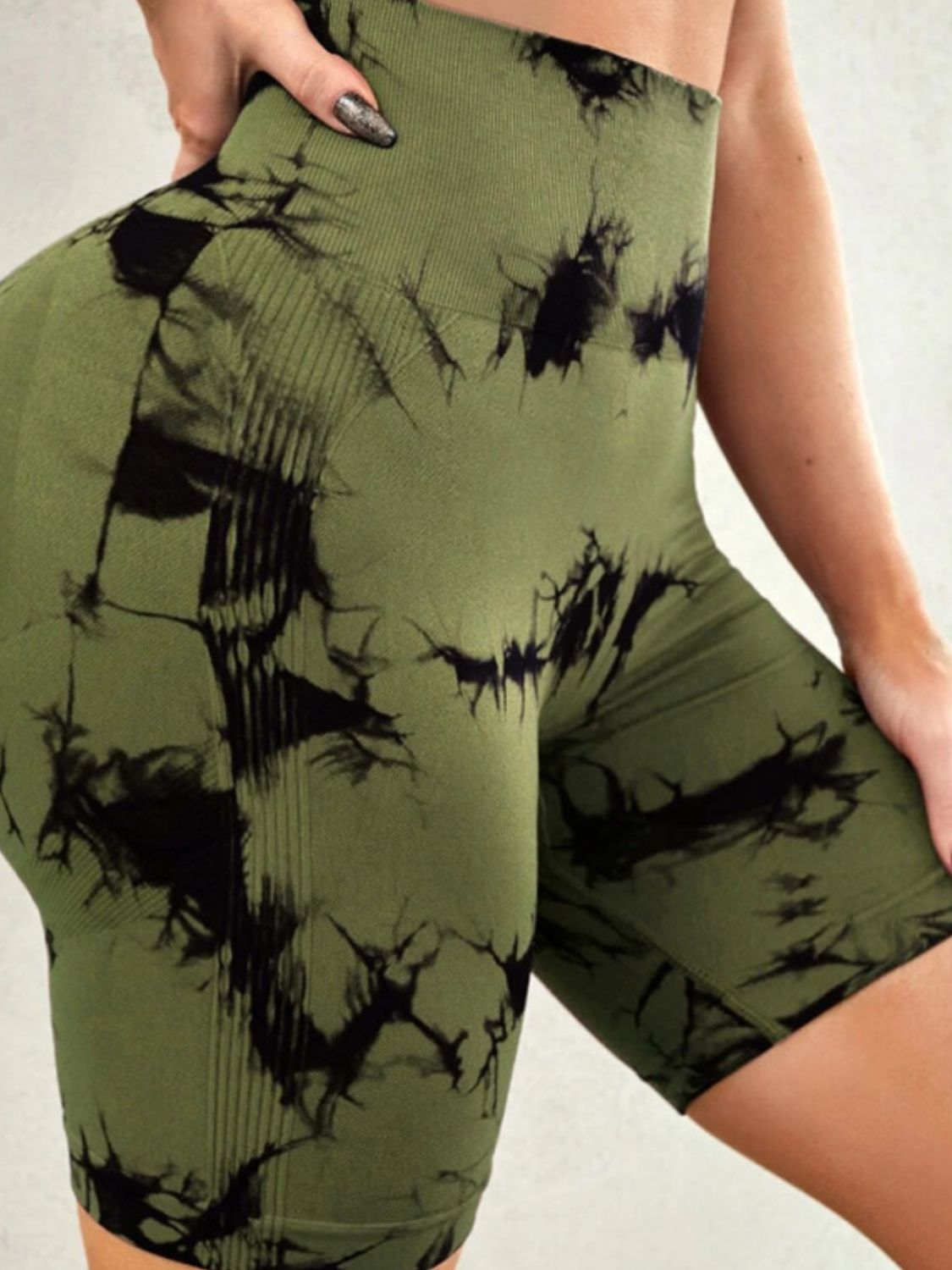 Highly Stretchy Tie-Dye High Waist Women's Performance Moss Green Shorts-right side view