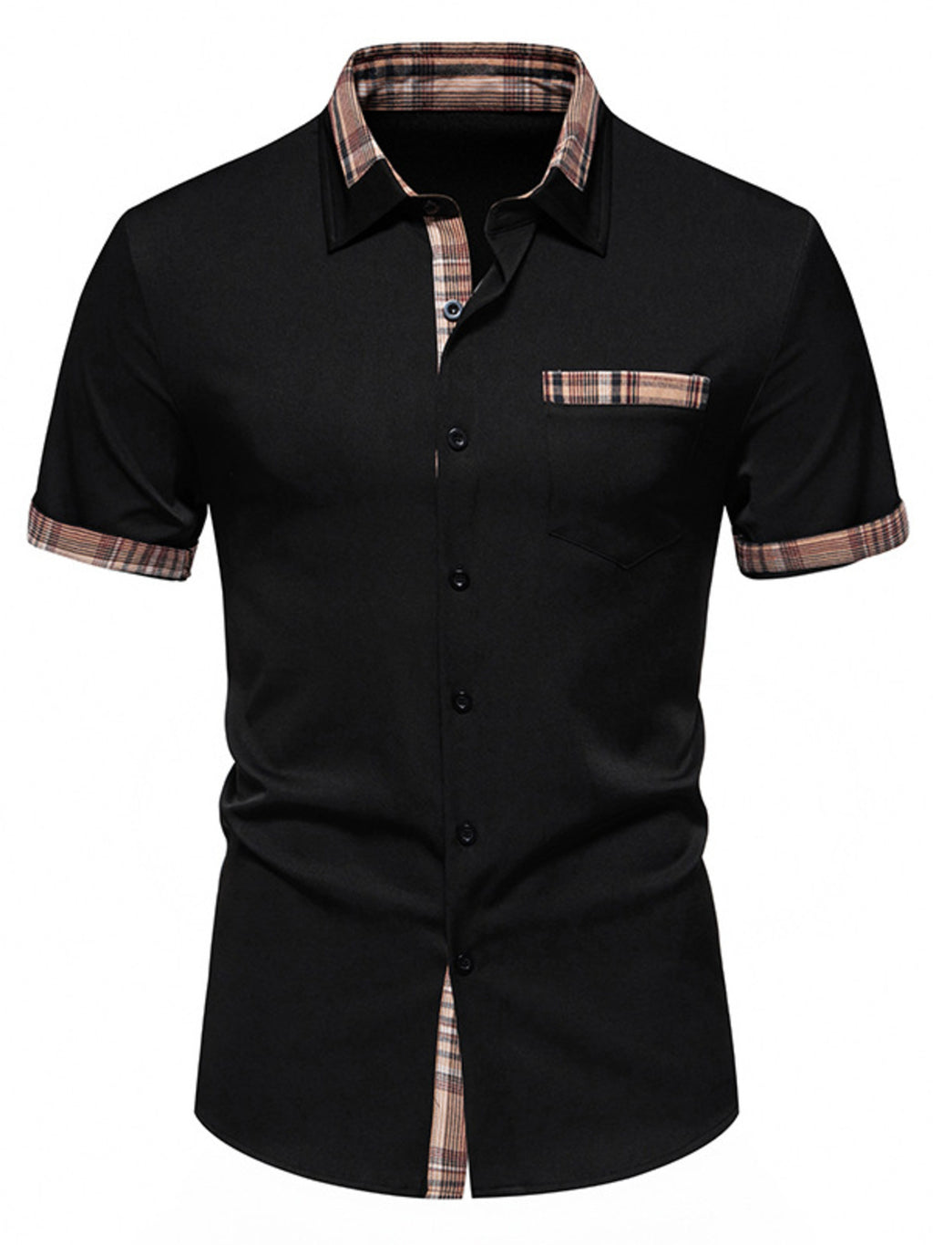 Men's black Short Sleeve Stylish Plaid Trim Button Down Shirt front