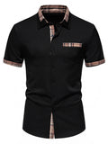 Men's black Short Sleeve Stylish Plaid Trim Button Down Shirt front