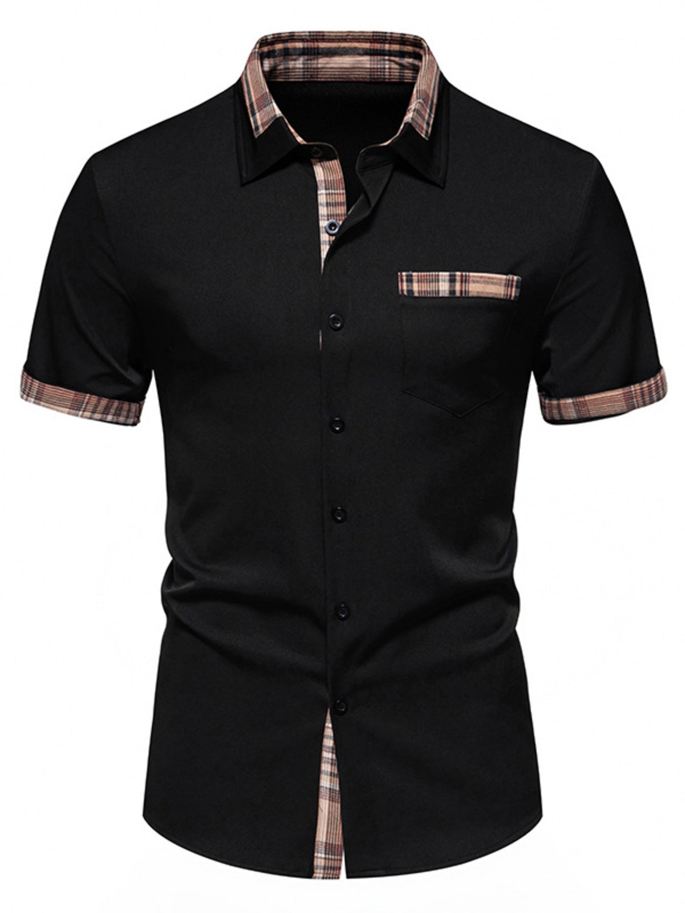 Men's black Short Sleeve Stylish Plaid Trim Button Down Shirt front