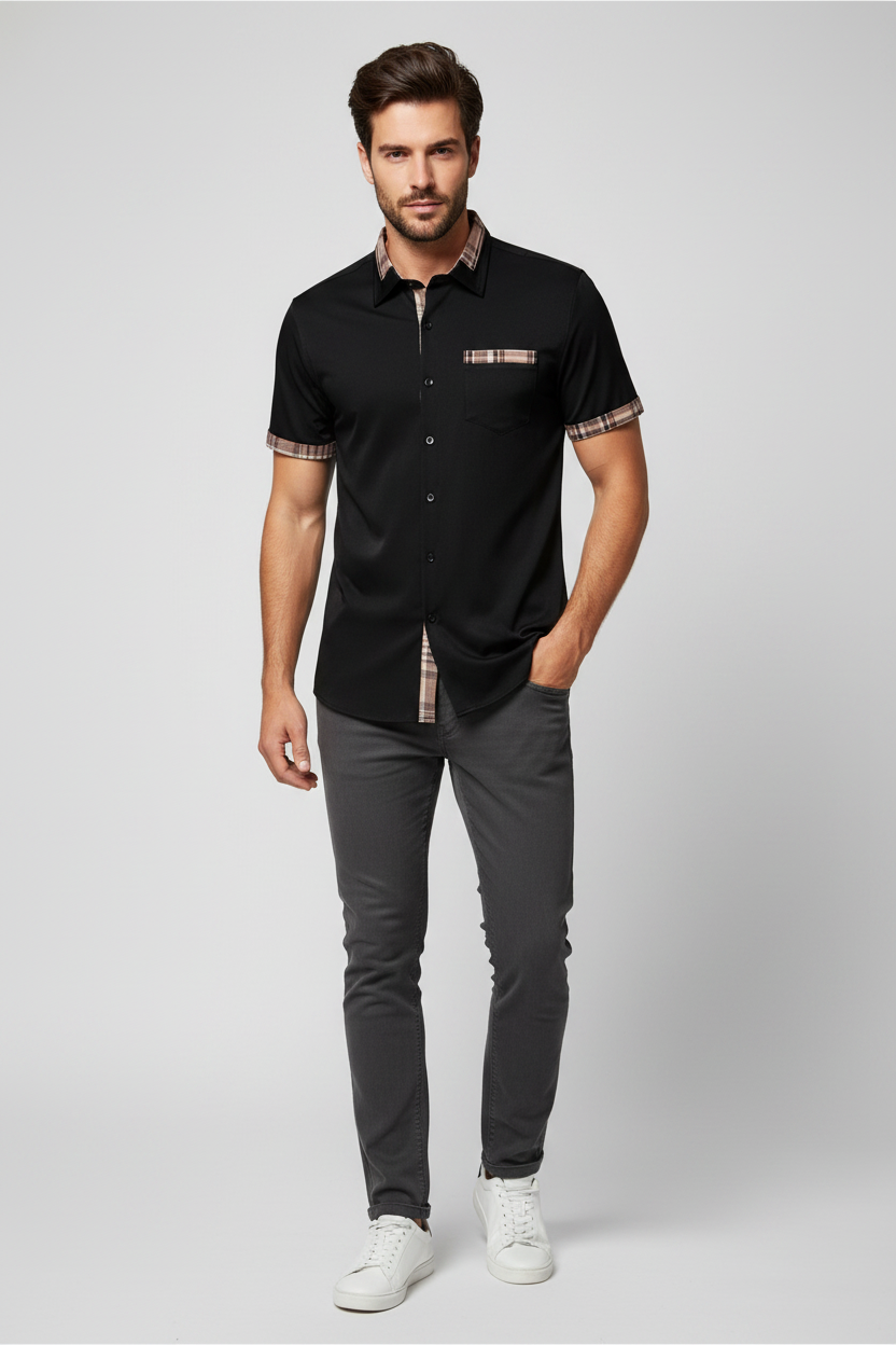 Model wearing a Men's black Short Sleeve Stylish Plaid Trim Button Down Shirt