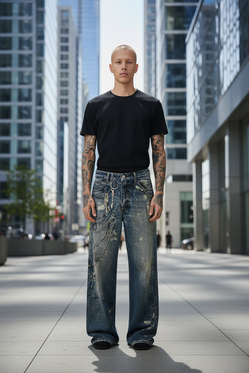 Male model wearing a pair of Modern Men's Distressed Printed Wide Leg Jeans