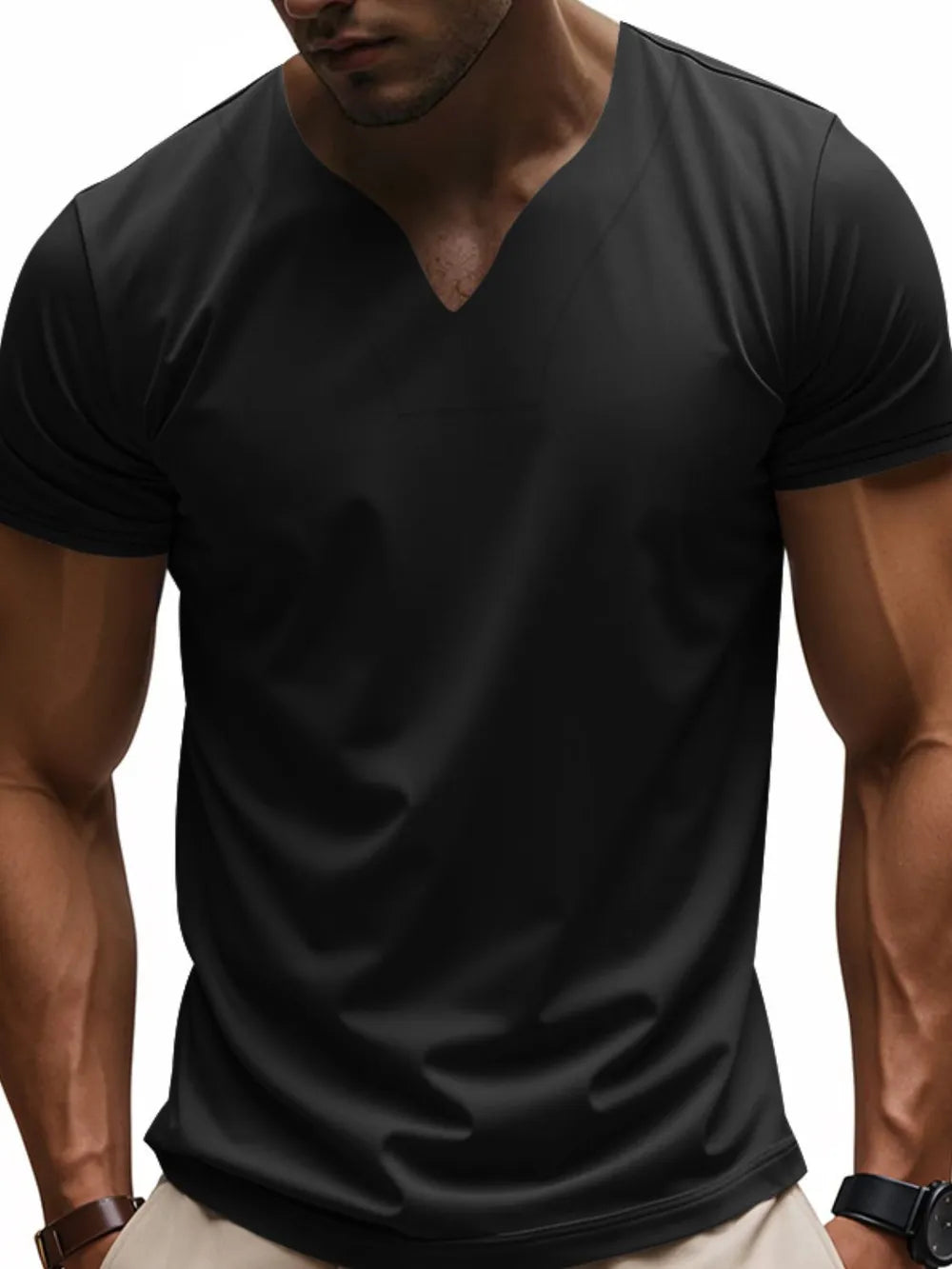 Model wearing a black Men's Modern V-Neck Fitted Short Sleeve T-Shirt  