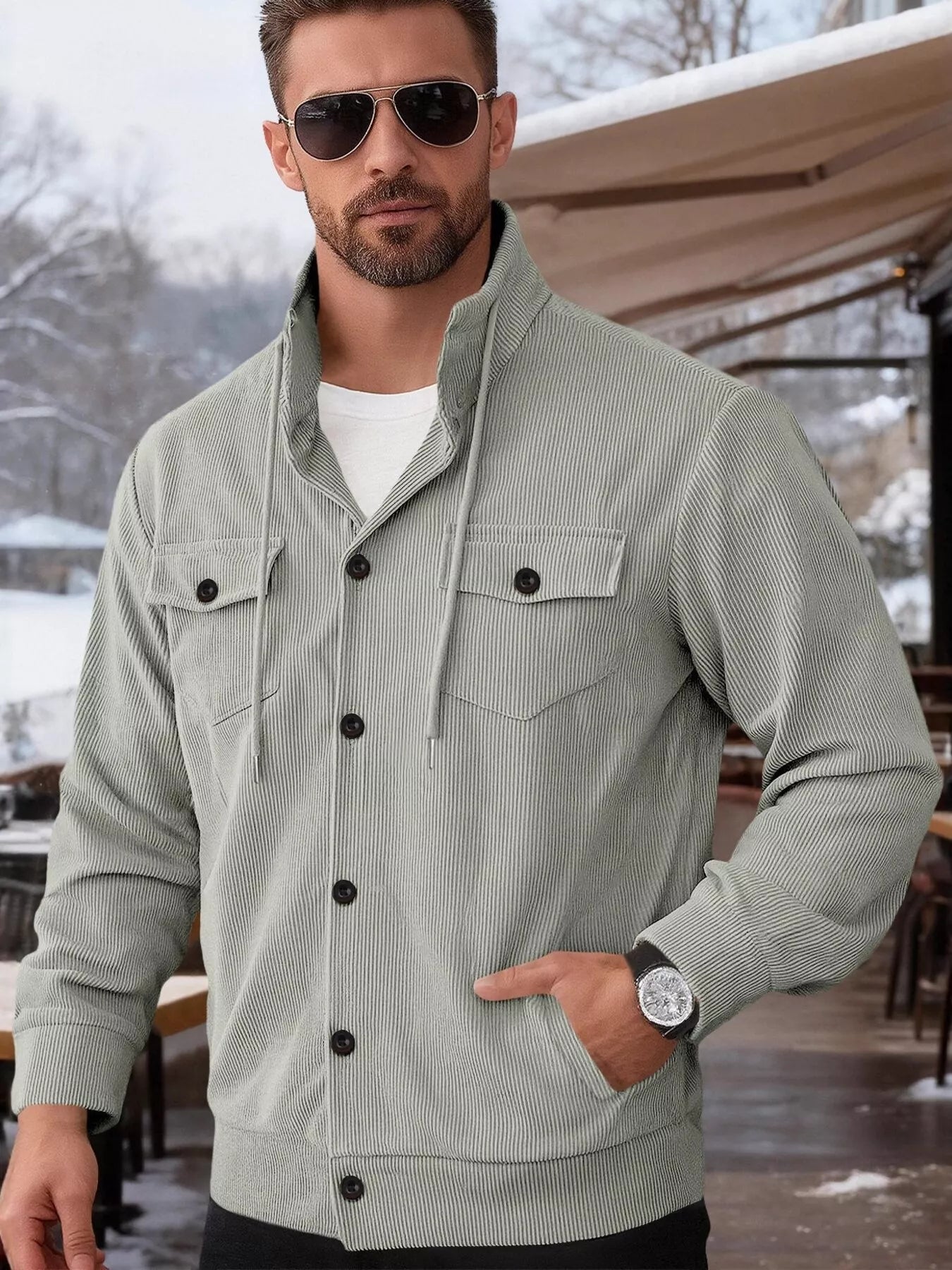 Model wearing a Men's grey Casual Corduroy Chic Button-Down Jacket 