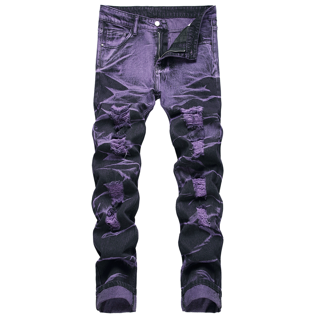 Get street cred with these Purple and Black Urban Men's Denim Trousers. These bold and edgy jeans will make you stand out in the urban fashion scene. With their unique purple and black design and distressed detailing, these high quality jeans are the perfect addition to any streetwear outfit. 