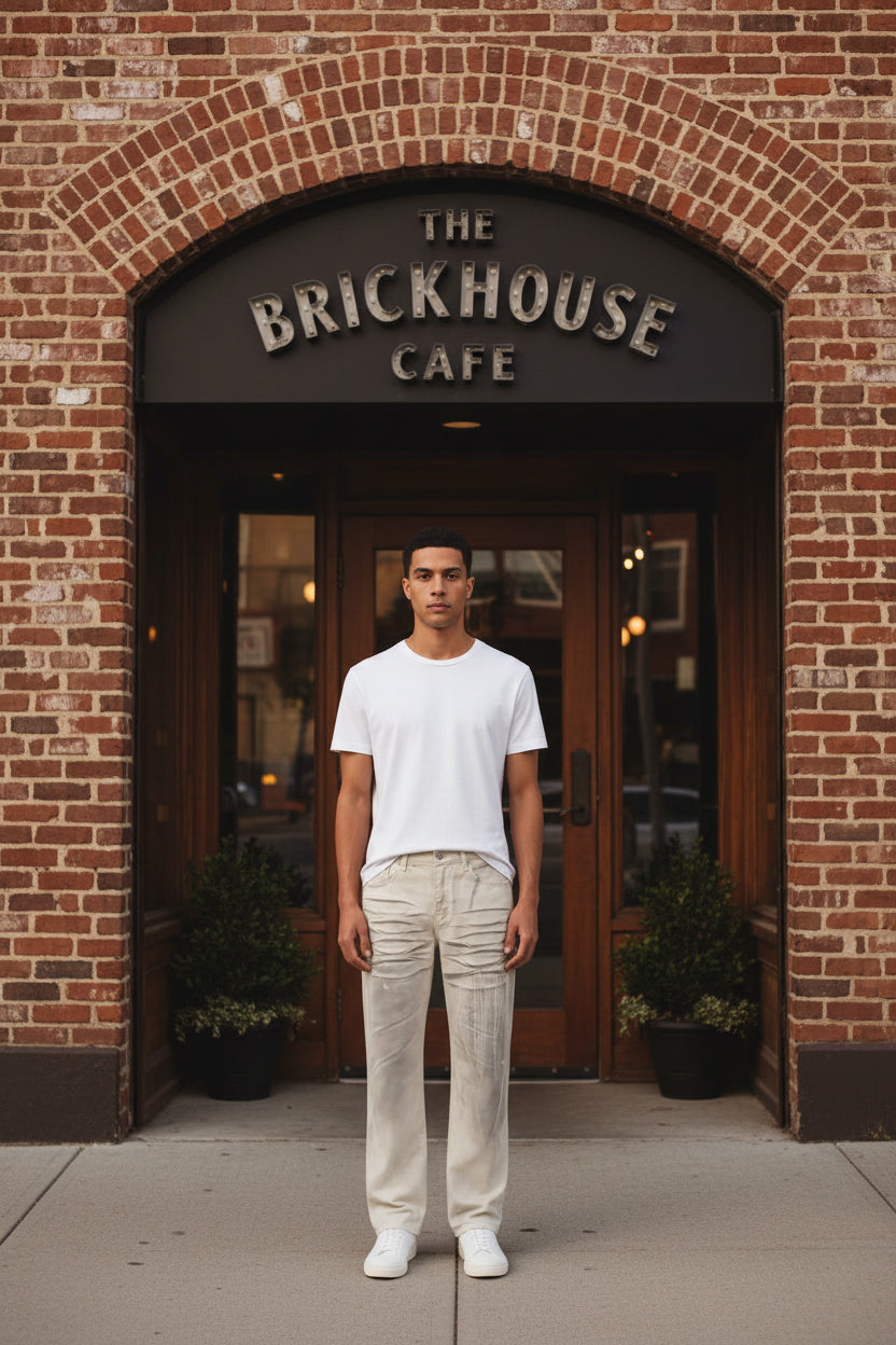 A male model in a pair of vintage washed off white jeans with a heavily distressed, ripped, and frayed design across the thighs and upper legs, 