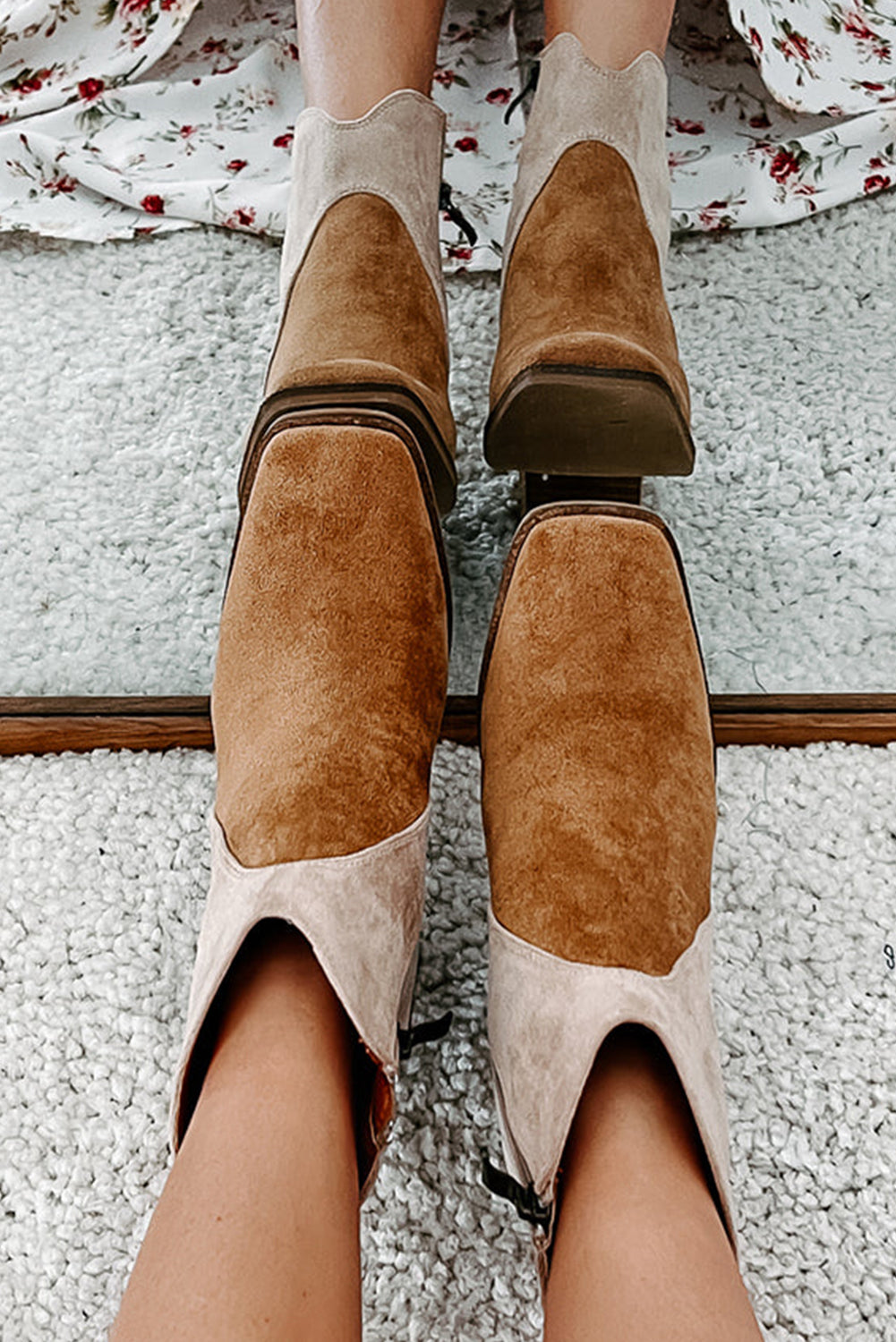 Pair of brown and beige suede ankle boots 
