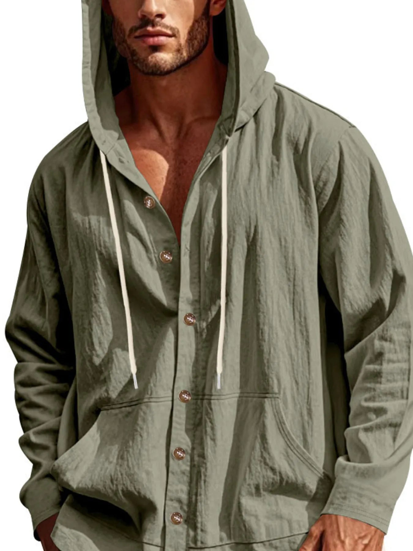 Men's Army Green colored Button Up Drawstring Hooded Top 