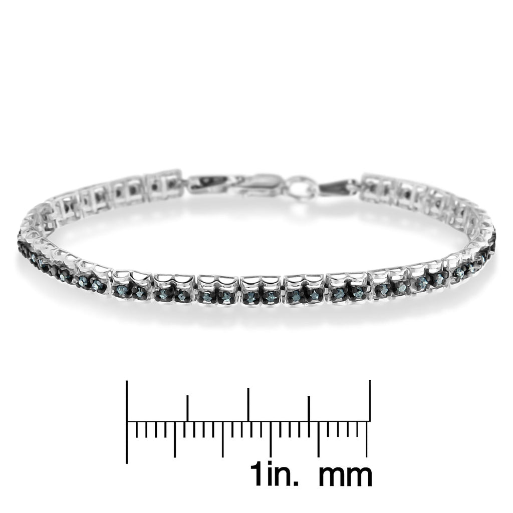 Black Rhodium over .925 Sterling Silver 1.0 Cttw Rose Cut Diamond Double-Link 7in Tennis Bracelet (Blue Color, I1-I2 Clarity)
