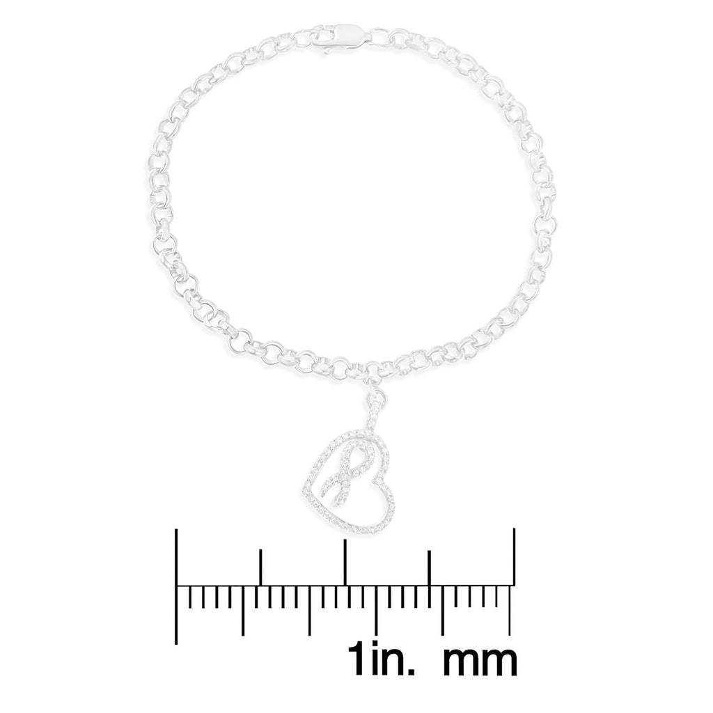 .925 Sterling Silver 1/4 Cttw Diamond-Accented Heart and Ribbon Charm 7in Link Chain Bracelet (H-I Color, I1-I2 Clarity)
