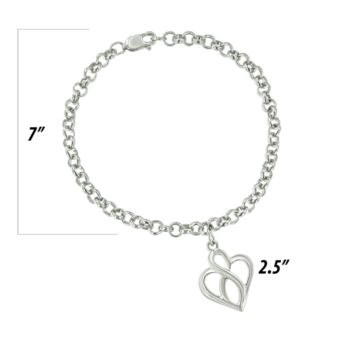 .925 Sterling Silver Open Heart with Center Vertical Infinity Chain Charm Bracelet - Size 7in