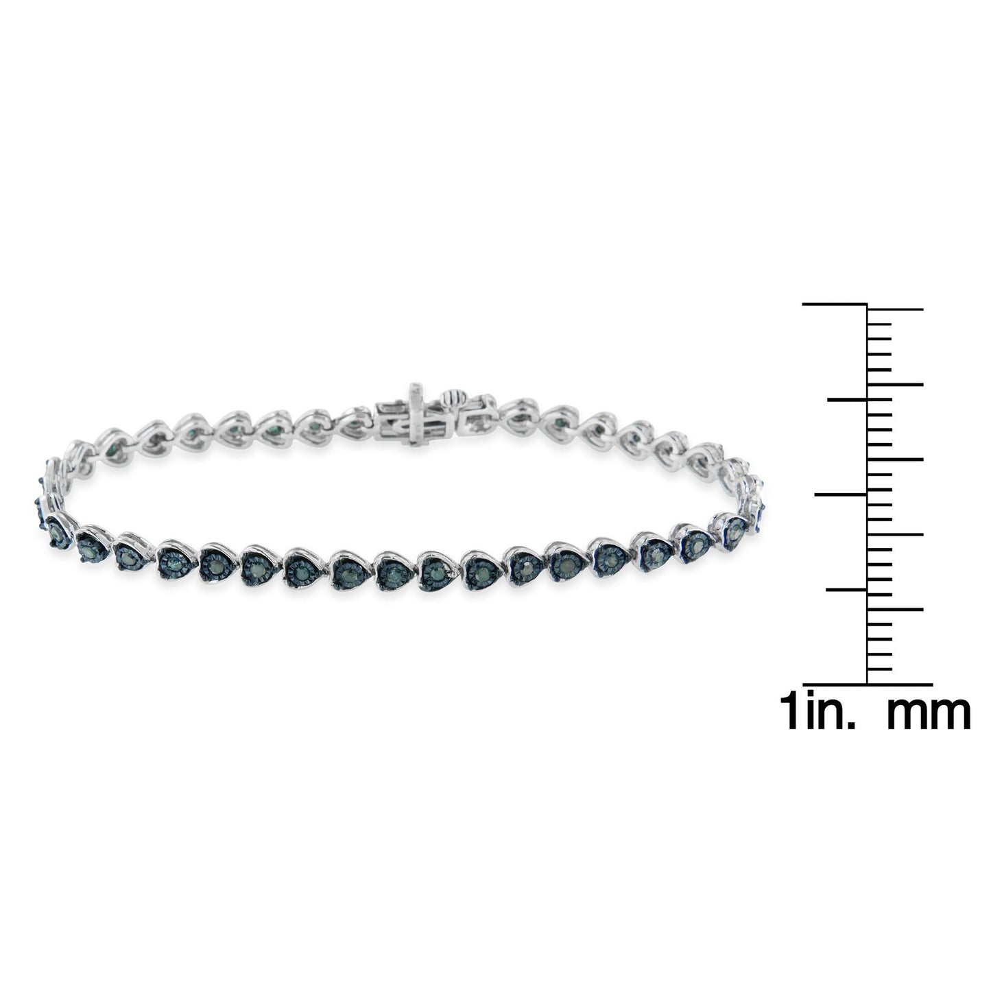 Black Rhodium over .925 Sterling Silver 1.0 Cttw Miracle Set Diamond Heart-Link 7in Tennis Bracelet (Blue Color, I2-I3 Clarity)