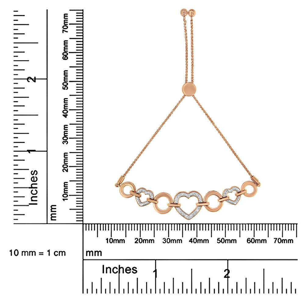10K Rose Gold over .925 Sterling Silver 1/10 Cttw Round-Cut Diamond Heart Link Adjustable Bolo Bracelet (H-I Color, I2-I3 Clarity) - 6in-9in Adjustable