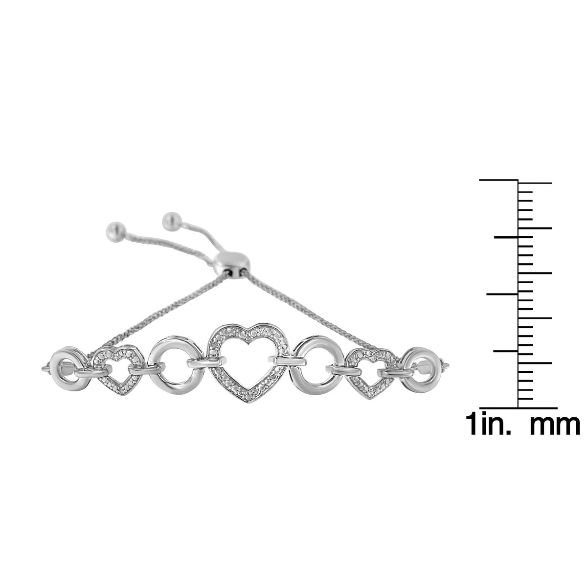 .925 Sterling Silver 1/10 Cttw Round-Cut Diamond Heart-Link Adjustable Bolo Bracelet ( H-I Color, I2-I3 Clarity) - 6in-9in Adjustable