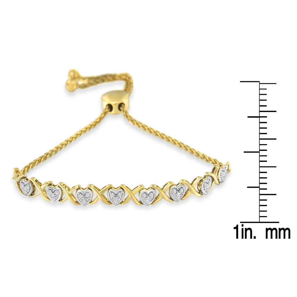 10K Yellow Gold over .925 Sterling Silver 1/10 Cttw Diamond Heart and X-Link 6in-9in Adjustable Bolo Bracelet (H-I Color, I2-I3 Clarity)