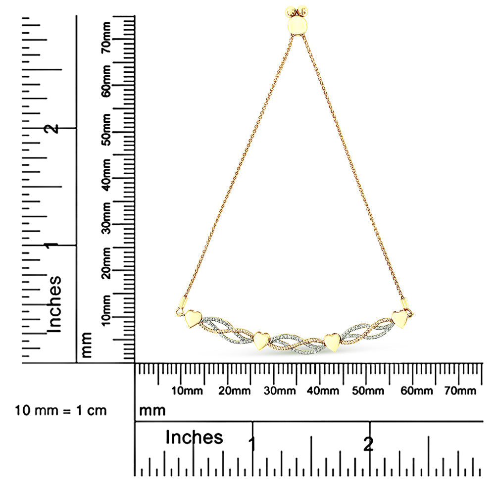 14K Yellow Gold Plated .925 Sterling Silver 1/10 Cttw Diamond Wave and Hearts Bolo Bracelet (I-J Color, I2-I3 Clarity) - 4in-10in Adjustable