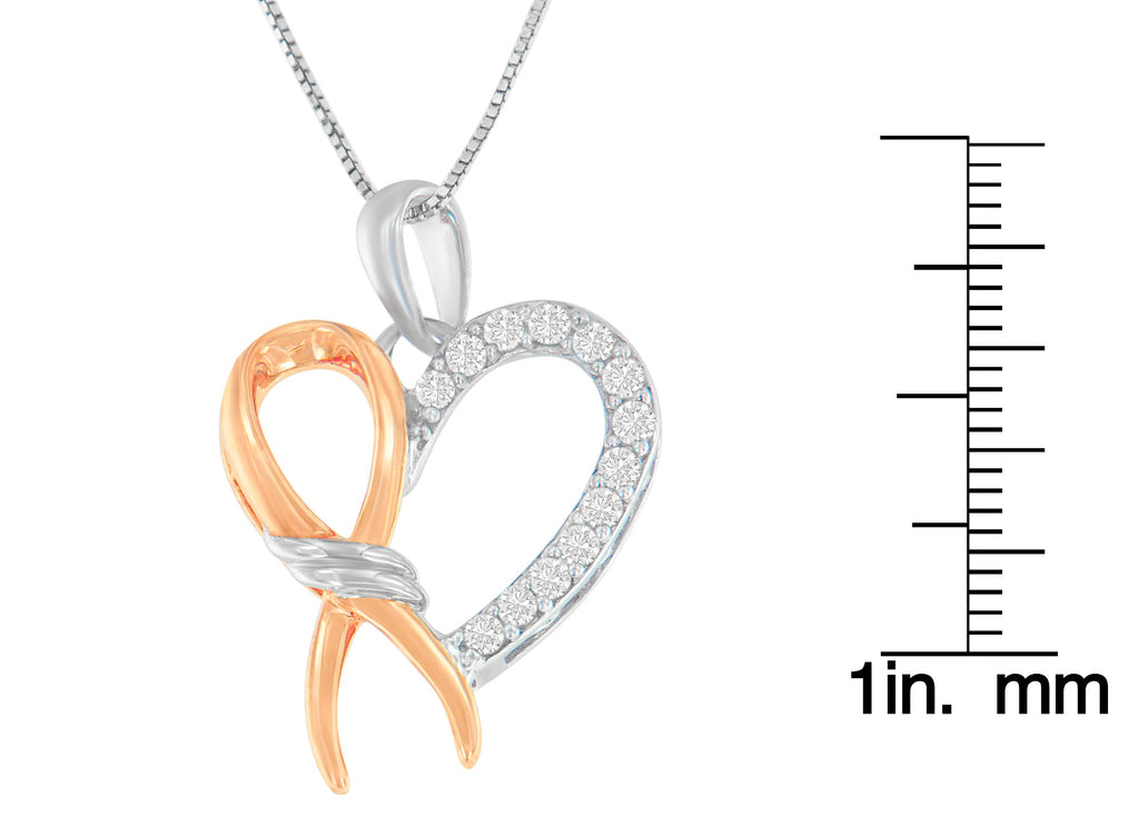 Two-Toned .925 Sterling Silver 1/5 cttw Round Cut Diamond Ribbon Heart Accent Pendant Necklace (H-I, I2-I3)