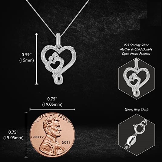 .925 Sterling Silver 1/10 cttw Diamond Mother & Child Double Open Heart 18in Pendant Necklace (I-J Color, I3 Clarity)